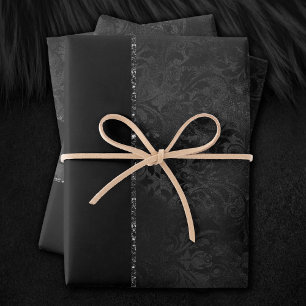 Hoja De Papel De Regalo Onyx Romance   Damasco negro satinado