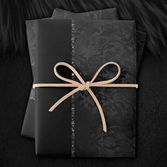 Hoja De Papel De Regalo Onyx Romance | Damasco negro satinado (Subido por el creador)