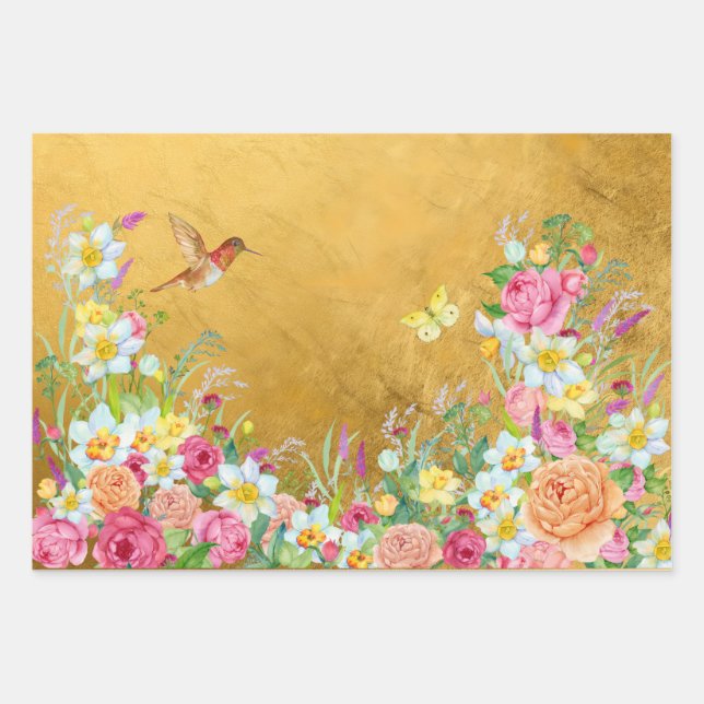 Hoja De Papel De Regalo Opulence Gold Floral Hummingbird (Anverso)
