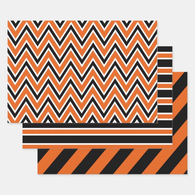 Hoja De Papel De Regalo Orange, Black, and White Chevron & Stripe Patterns (Set)