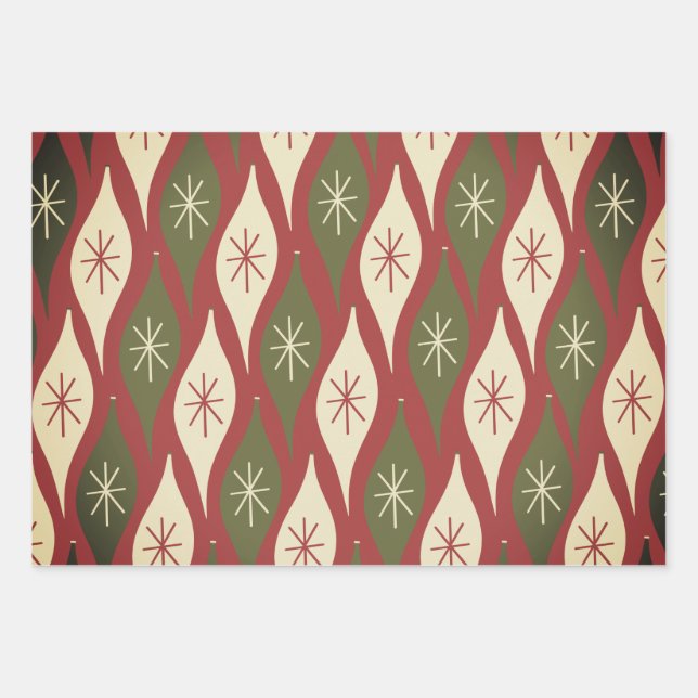 Hoja De Papel De Regalo Ornamento de Navidad retro de mediados de siglo (Anverso)