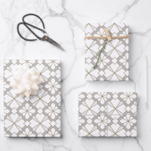 Hoja De Papel De Regalo Ornamento geométrico Patrón tradicional Blanco gri