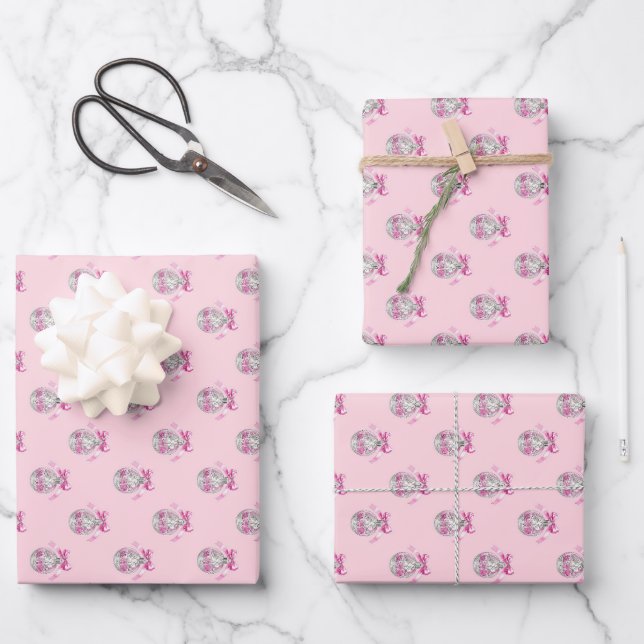 Hoja De Papel De Regalo Ornamento navideño Coquette Pink Bow Disco Ball (Anverso)