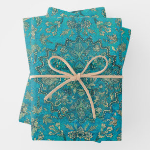 Hoja De Papel De Regalo Ornamento Verde azulado Vintage Floral Faux Gold &