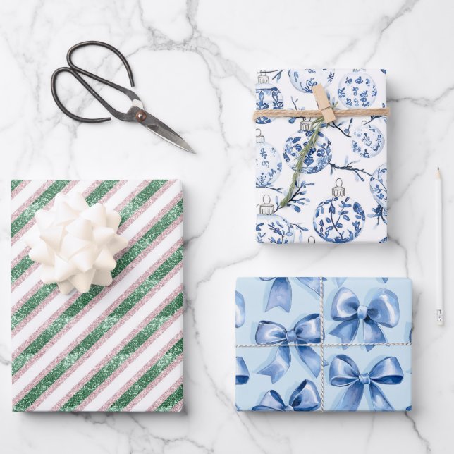 Hoja De Papel De Regalo Ornamentos azules Purpurinas verdes doblan a Navid (Anverso)