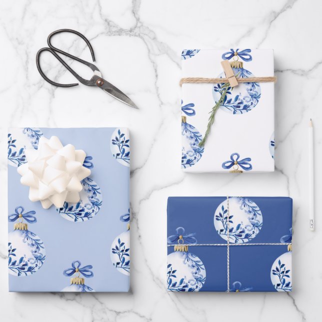 Hoja De Papel De Regalo Ornamentos Chinoiserie Blue & White de Navidad (Anverso)