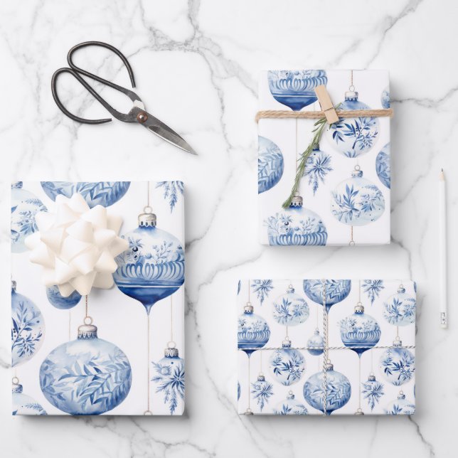 Hoja De Papel De Regalo Ornamentos Chinoiserie Blue & White de Navidad (Anverso)