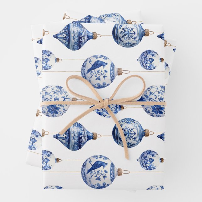 Hoja De Papel De Regalo Ornamentos Chinoiserie Blue y White de Navidad (In situ)