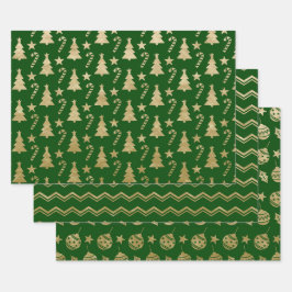 HOJA DE PAPEL DE REGALO ORNAMENTOS DE ÁRBOLES DE FESTIVOS VERDES Y ORO DE 