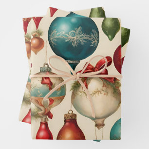 Hoja De Papel De Regalo Ornamentos de Navidad de época colorida