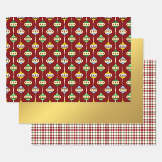 Hoja De Papel De Regalo Ornamentos de Navidad, Relieve metalizado dorado y (Set)