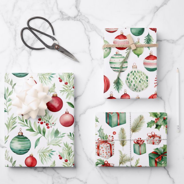 Hoja De Papel De Regalo Ornamentos de Navidad Verde Rojo Feliz (Anverso)