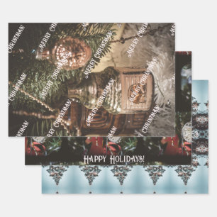 Hoja De Papel De Regalo Ornamentos de Navidad vintage y un árbol de Navida