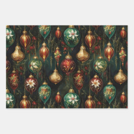 Hoja De Papel De Regalo Ornamentos de oro verde rojo para navidades