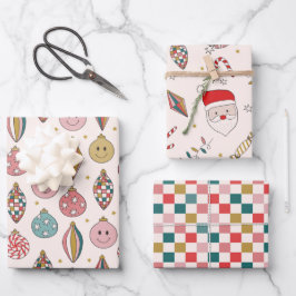Hoja De Papel De Regalo Ornamentos felices de Retro Santa Checker