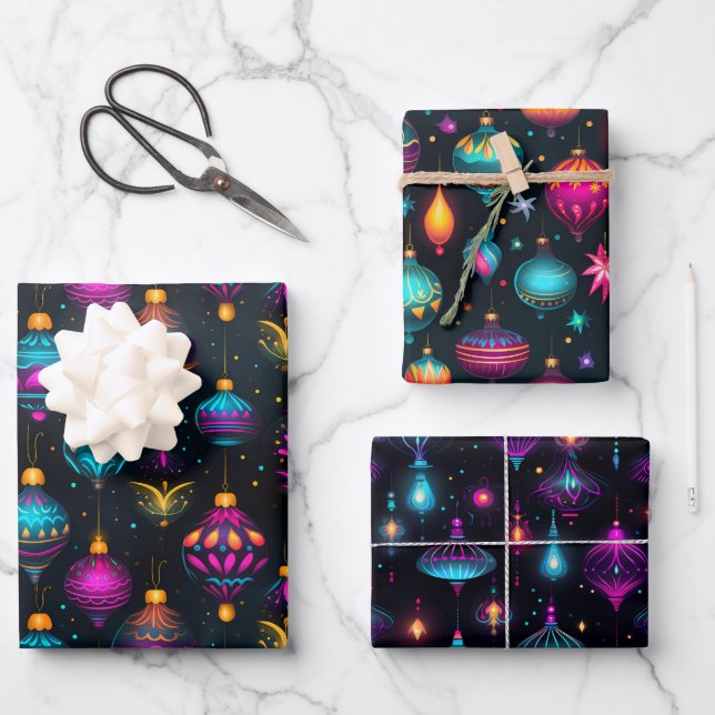 Hoja De Papel De Regalo Ornamentos Neon Christmas (Anverso)