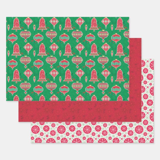 Hoja De Papel De Regalo Ornamentos Poinsettias Snowflake Dots Navidades (Set)