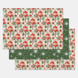 Hoja De Papel De Regalo Ornamentos Retro Vintage De Navidad Rojo Y Verde