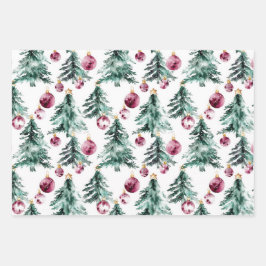 Hoja De Papel De Regalo Ornamentos verdes de árboles navideños de Borgoña