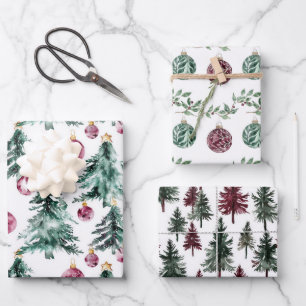 Hoja De Papel De Regalo Ornamentos verdes de árboles navideños de Borgoña