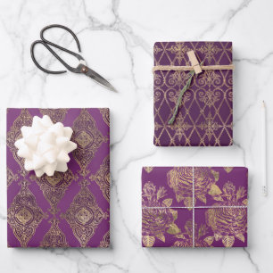 HOJA DE PAPEL DE REGALO ORNAR PATRONES Y FLORES DE PURPLE Y ORO