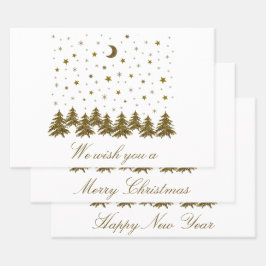 Hoja De Papel De Regalo Oro espumoso árbol de Navidad, luna, estrellas Nav