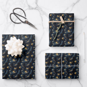 Hoja De Papel De Regalo Oro Giratorio sobre Azul y Negro