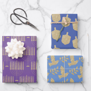 Hoja De Papel De Regalo Oro moderno Menorah Dreidel Olive Branch Dove