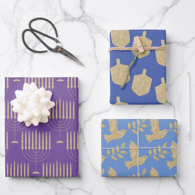 Hoja De Papel De Regalo Oro moderno Menorah Dreidel Olive Branch Dove (Anverso)