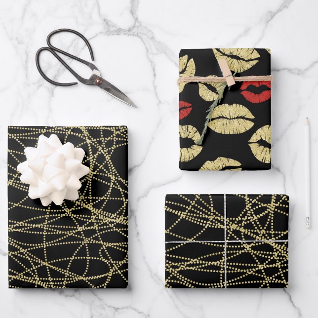 Hoja De Papel De Regalo Oro Negro Abstracto Labios Rojos Despedida de Solt (Anverso)