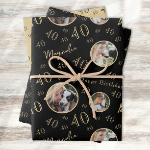 Hoja De Papel De Regalo Oro Negro Cumpleaños 40 Foto Edad