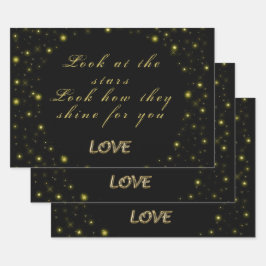 Hoja De Papel De Regalo Oro personalizado y estrellas brillantes en negro