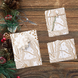 Hoja De Papel De Regalo Oro retro y árbol de navidad blanco vintage