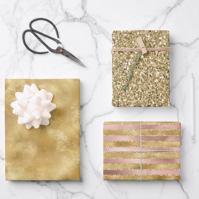 Hoja De Papel De Regalo Oro Rosa Glam Glitz Rayas Brillo (Anverso)