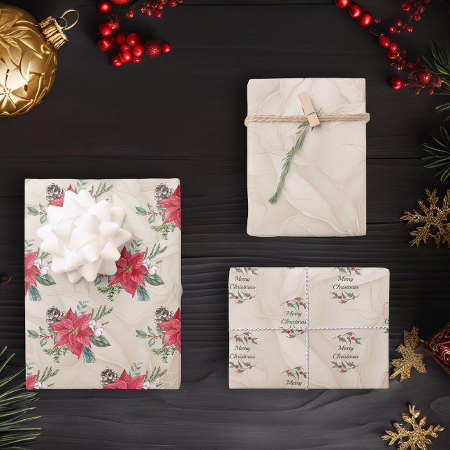 Hoja De Papel De Regalo Oro, vacaciones de Poinsettia Roja (3 style gift wrap with gold embossed poinsettia background,  Merry Christmas with watercolor details)