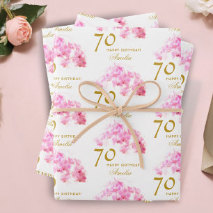 Hoja De Papel De Regalo Orquídea Rosa Acuarela Dorada Purpurina 70 cumplea