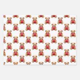 Hoja De Papel De Regalo Osito de peluche lindo sosteniendo corazones rojos