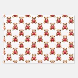 Hoja De Papel De Regalo Osito de peluche lindo sosteniendo corazones rojos