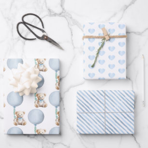 Hoja De Papel De Regalo Oso azul Baby Shower Teddy y globo