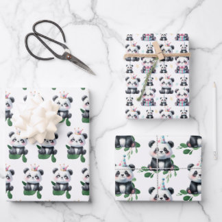Hoja De Papel De Regalo Oso con patrón de panda lindo con vegetación y reg