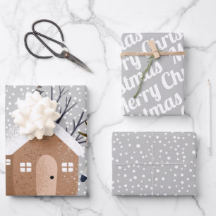 Hoja De Papel De Regalo Oso de invierno, Feliz Navidad y copos de nieve