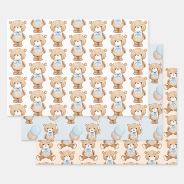 Hoja De Papel De Regalo Oso de peluche azul con niño con globo (Set)