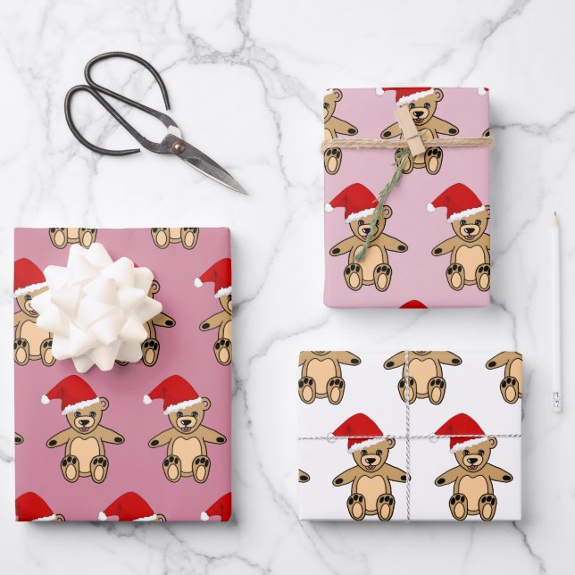 Hoja De Papel De Regalo Oso de peluche con Navidades rosados de Santa Hat (Anverso)