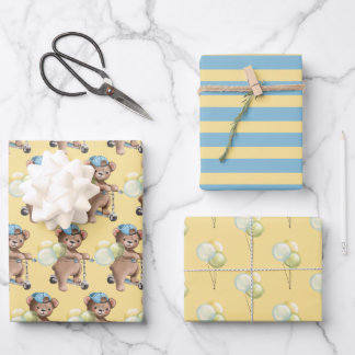 Hoja De Papel De Regalo Oso de peluche en motocicleta, a rayas, globos