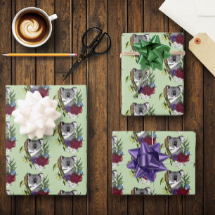 Hoja De Papel De Regalo Oso Koala Adorable Verde Flora Vida Silvestre Aust