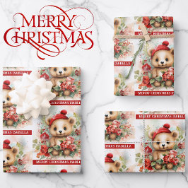 Hoja De Papel De Regalo Oso marrón lindo Añadir nombre Navidades 3