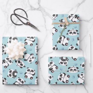 Hoja De Papel De Regalo Oso panda adorable pata fondo cian