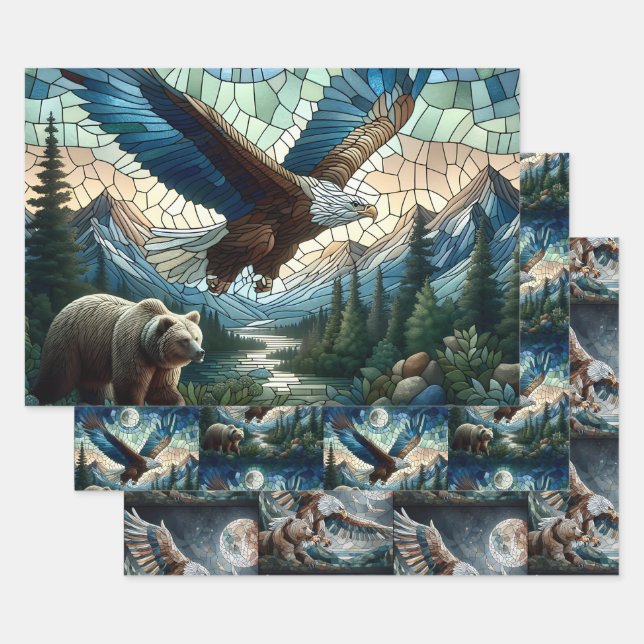Hoja De Papel De Regalo Oso y águila mosaicos en las montañas (Set)