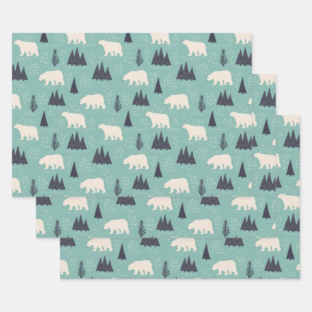 Hoja De Papel De Regalo Osos polares dibujados a mano Árboles eververdes e (Set)