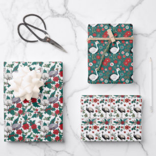 Hoja De Papel De Regalo Ostriches Y Poinsettias navidades